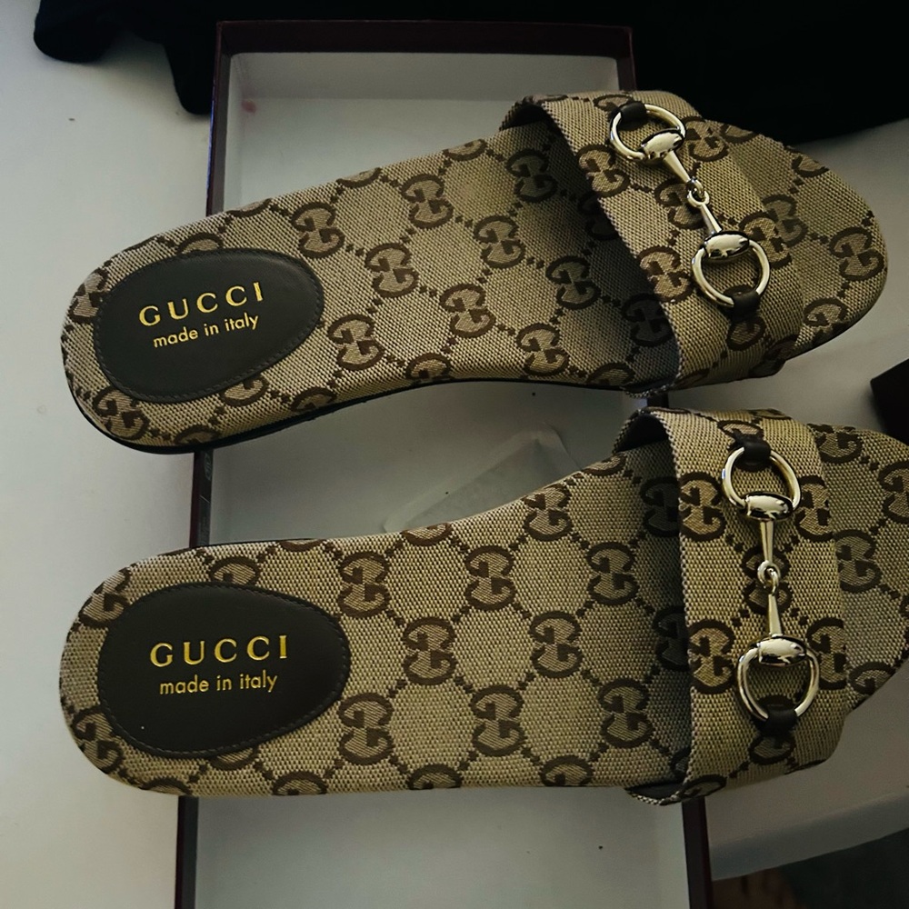 Gucci Brown Beige GG Canvas Horsebit Slide Mules Worn a couple times! Like New!